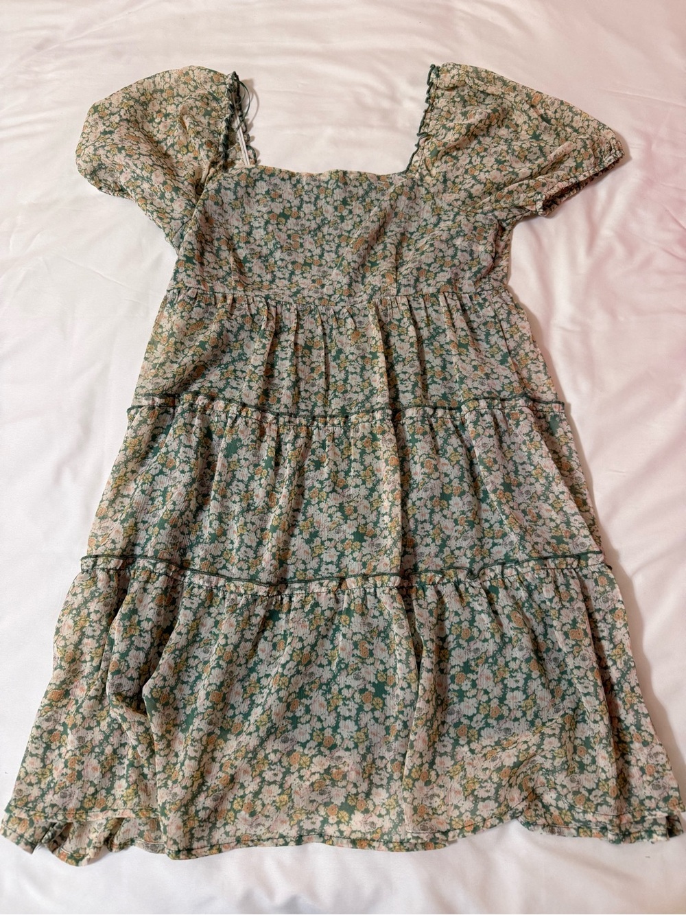 Women's Floral Tiered Green Dress with Puff Sleeves